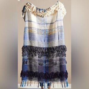 Anthropologie All Roads Bloomfield Throw Blanket in Blue and White 60X50"